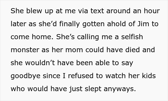 Text message describing someone refusing to watch kids during emergency while under the influence, sister furious. Text message describing someone refusing to watch kids during emergency while under the influence, sister furious.
