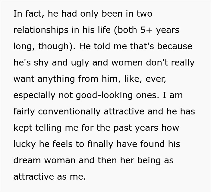 Text excerpt describing a woman's husband feeling lucky to find his dream woman despite being shy and unattractive.