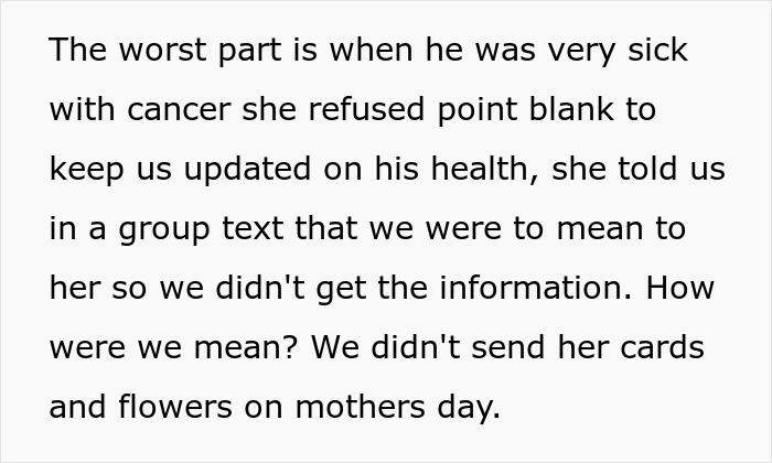 Text excerpt describing a horrible stepmom refusing updates during illness, leaving others furious and blocked after getting what she deserves.