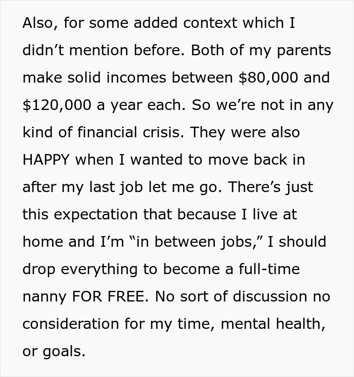 Text about person asking to be paid for babysitting niece and nephew, with family conflict over fairness and expectations.