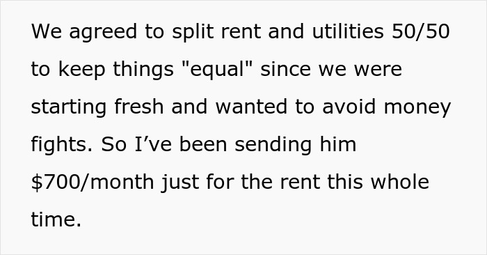 Couple agreeing to split rent and utilities 50/50, avoiding money fights, paying $700/month for rent.