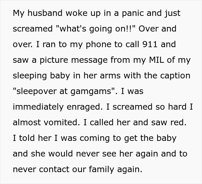 Text message from MIL showing sleeping baby in her arms causing panic and nearly prompting mom to call 911. Text message from MIL showing sleeping baby in her arms causing panic and nearly prompting mom to call 911.