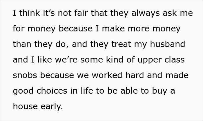 Text showing a woman expressing frustration over siblings expecting her to turn her home into a shelter for the brother&rsquo;s family.