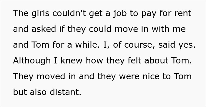Text excerpt about daughters moving in with mom and Tom, highlighting family tension and distant relationships.