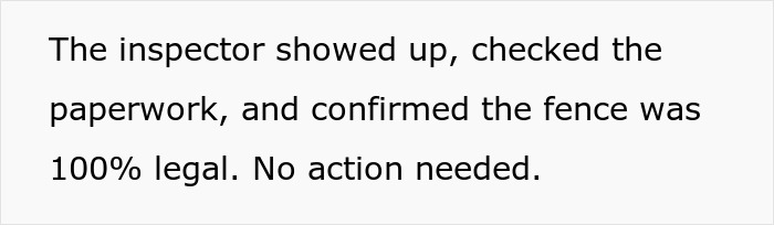 Inspector reviewing paperwork and confirming the neighbor&rsquo;s fence is legal and still standing after sabotage attempt backfires.
