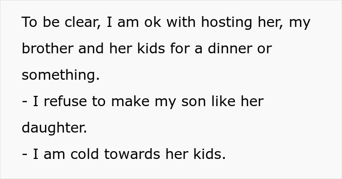 Text discussing refusal to treat brother's girlfriend's kids like own, highlighting feelings toward her children.