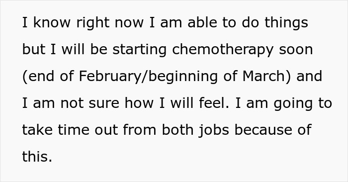 Text on a white background explaining a woman with cancer preparing to start chemotherapy and needing to take time off work.
