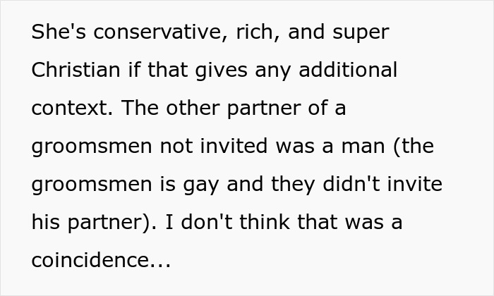 Text discussing a conservative woman not wanting her fianc&eacute; at a friend's wedding without her, suggesting it wasn&rsquo;t a coincidence.