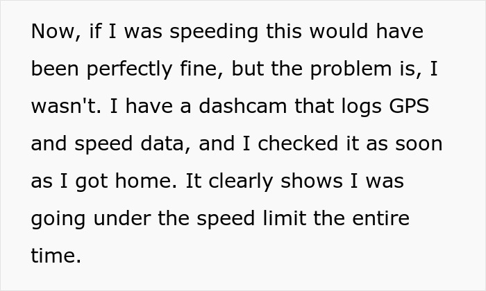 Text excerpt explaining a driver’s dashcam data proving no speeding, related to cop wrongfully ticketing driver case. Text excerpt explaining a driver’s dashcam data proving no speeding, related to cop wrongfully ticketing driver case.