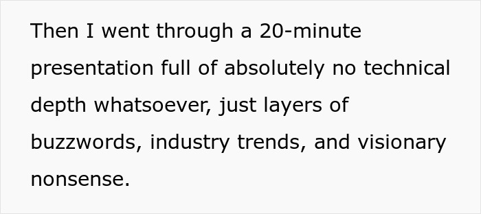 Text on a white background describing a 20-minute presentation with no technical depth, filled with buzzwords and industry trends.