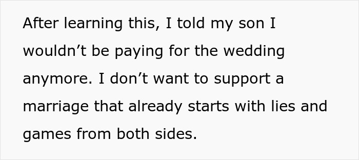 Text on image discussing a parent refusing to fund a wedding after uncovering loyalty issues, causing wedding drama.