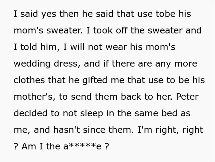 Text excerpt discussing a woman refusing to wear fianc&eacute;'s mom's used wedding dress and returning gifted clothes.