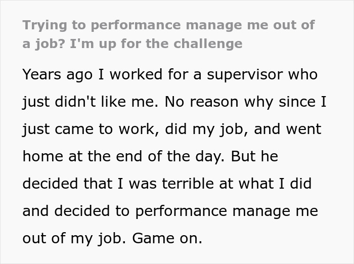 Text about employee facing baseless performance management claims from a manager trying to fire them without proof.