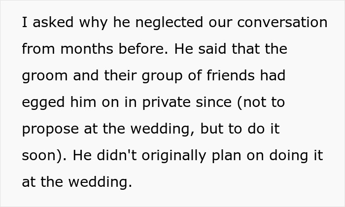 Text excerpt discussing a boyfriend who planned a proposal, influenced by friends, related to stopping a proposal at a wedding.