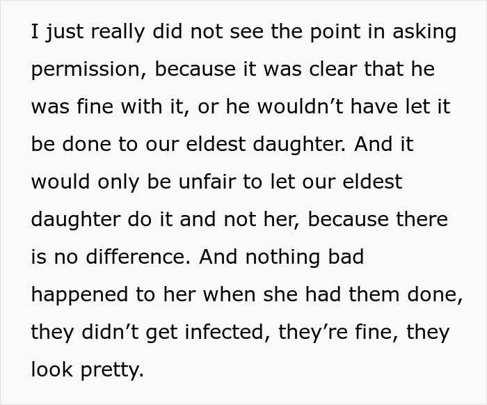 Text discussing a dad’s reaction after finding out his wife took their daughter to get ears pierced without permission. Text discussing a dad’s reaction after finding out his wife took their daughter to get ears pierced without permission.