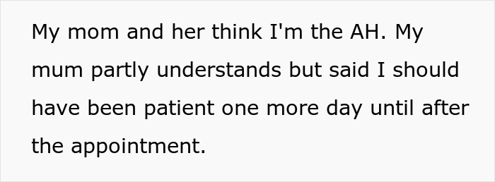Screenshot of text discussing someone&rsquo;s mom believing they should have been patient after an appointment, related to sister leaving 18YO with kids.