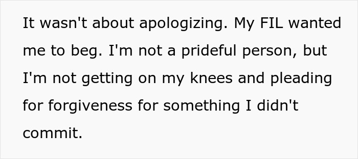 Text excerpt showing a son's refusal to beg for forgiveness in a family dispute over a missing iPad and FIL's accusation.