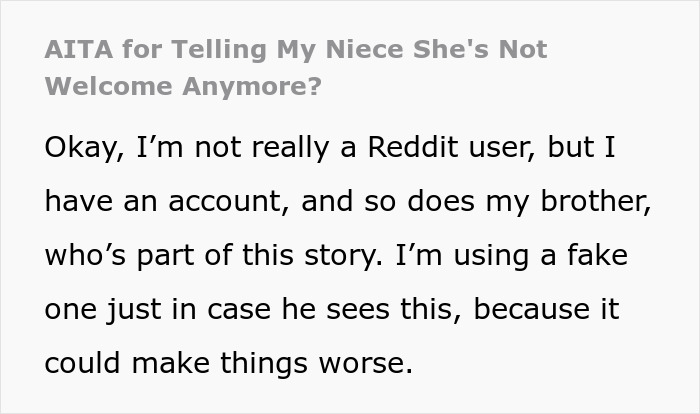 Text excerpt from Reddit post about an aunt banning her iPad-stealing niece from entering her home. Text excerpt from Reddit post about an aunt banning her iPad-stealing niece from entering her home.