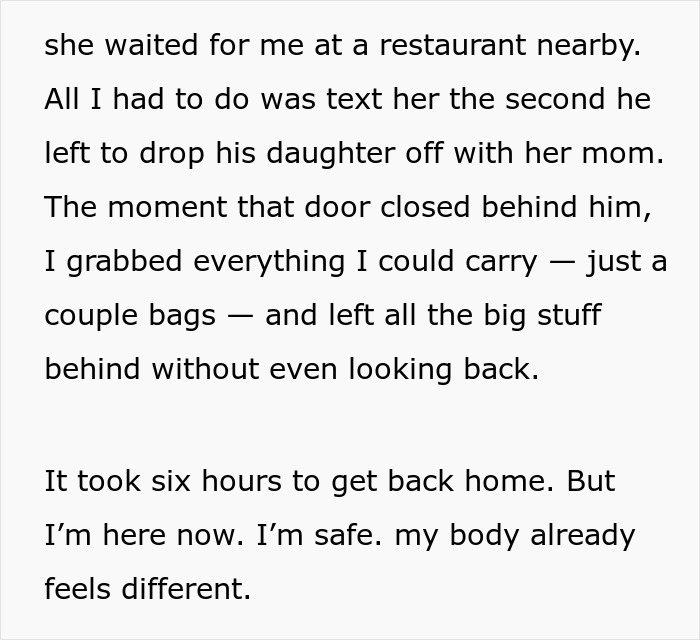Text excerpt describing a woman leaving abruptly after suspecting her boyfriend of messing with her toothbrush.