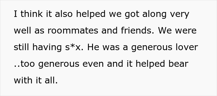 Text from a woman reflecting on her relationship with her boyfriend, describing how they got along well as friends and roommates despite challenges. Text from a woman reflecting on her relationship with her boyfriend, describing how they got along well as friends and roommates despite challenges.