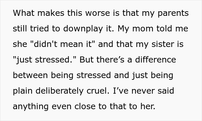 Text excerpt showing a person describing their sister's deliberately cruel behavior after asking to be paid for babysitting niece and nephew.