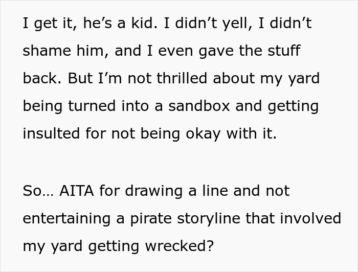 Neighbor child digging and ruining the lawn, turning the yard into a sandbox and causing damage to the grass.