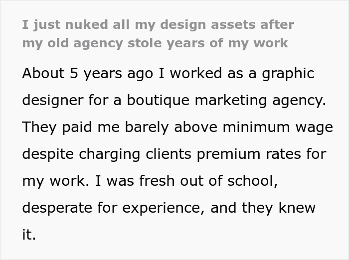 Text excerpt about a graphic designer whose work was stolen by an agency, highlighting years of stolen design assets.