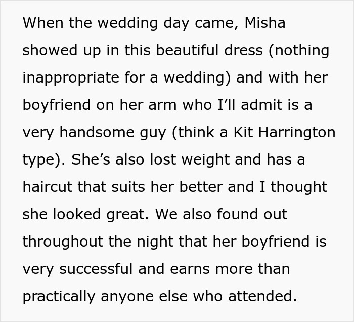 Woman at wedding in a beautiful dress with her boyfriend, sparking jealousy from husband over girl he led on for years.