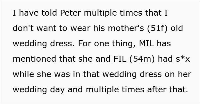 Text excerpt about a woman refusing to wear fianc&eacute;&rsquo;s mom&rsquo;s used wedding dress due to uncomfortable family history.