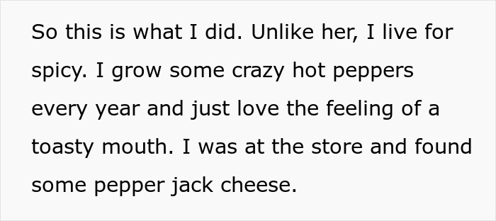 Text about growing hot peppers and choosing pepper jack cheese for a spicy revenge on roommate stealing food from plate.