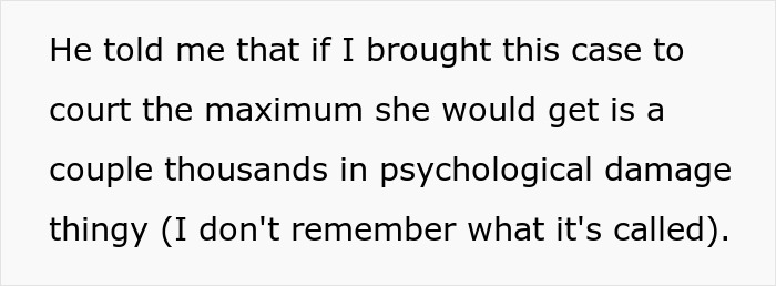 Text screenshot discussing potential court case outcomes involving psychological damage compensation.