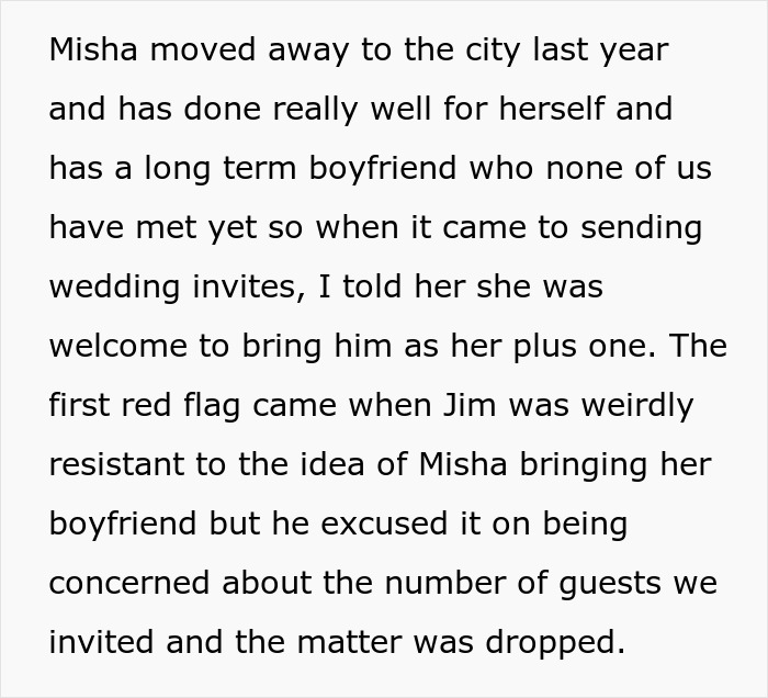 Text excerpt about wedding drama involving a husband&rsquo;s jealousy over a girl he led on for years.