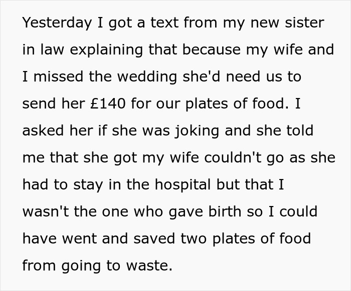 Text message from sister-in-law demanding money for wedding plates after wife missed event, sparking AITA controversy online.