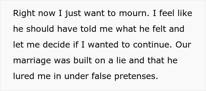Text discussing a man admitting he found his wife repulsive on their first date and her feelings of hurt.
