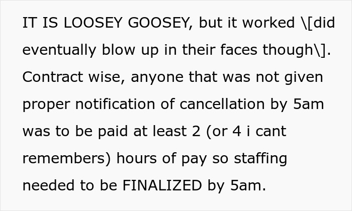 Text excerpt discussing payment policy and staffing rules at medical facility after new policy causes issues.