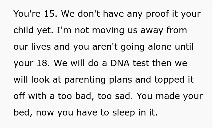 Text discussing a parent addressing a teen son about paternity proof and parenting plans amid pregnancy concerns.