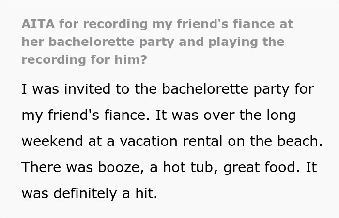 Text discussing a bachelorette bash where a guest records after the bride mocks the groom&rsquo;s son.