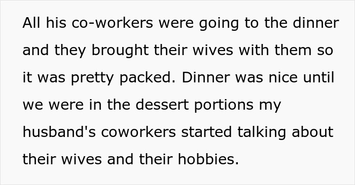 Man undermines wife&rsquo;s job in front of boss during office dinner, wife stays silent, husband gets defensive.