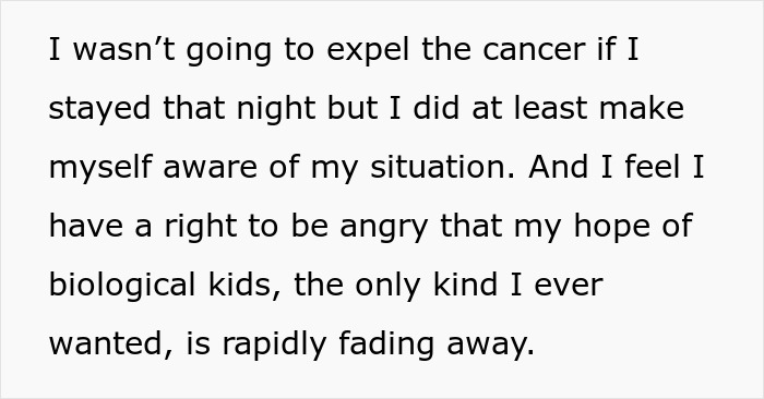 Text excerpt about a man facing anger and loss of hope for biological kids after wife&rsquo;s cancer diagnosis.