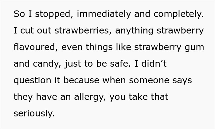 Text excerpt about cutting out strawberries and strawberry-flavored products due to a partner's strawberry allergy causing upset.