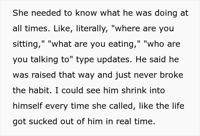 Alt text: Text describing a helicopter mom who constantly updates and controls her 30-year-old son, causing him distress at work.