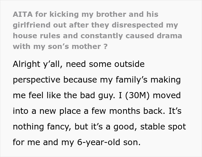 Text excerpt discussing a guy opening his door to family in need, then closing it after chaos caused by brother&rsquo;s girlfriend.