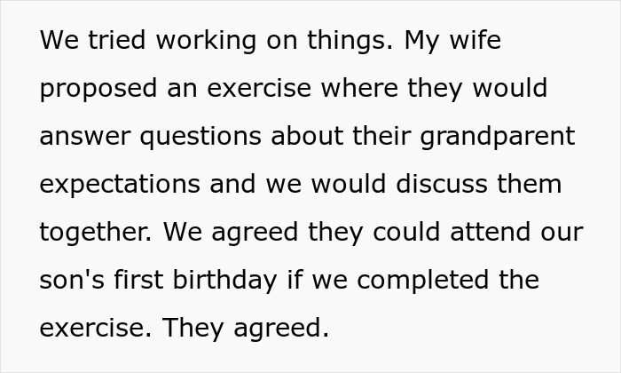Couple discussing setting boundaries and expectations to keep son away from grandmother after feeding custard incident.