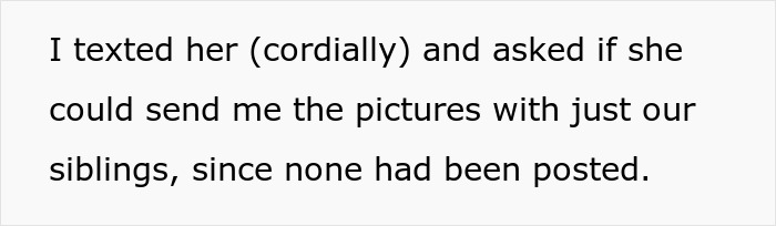 Text message conversation showing a woman asking for pictures of siblings amid a wedding revenge controversy.