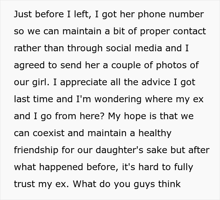 Man raises newborn alone, sharing photos with ex in hope of coexisting despite trust issues after three years apart.