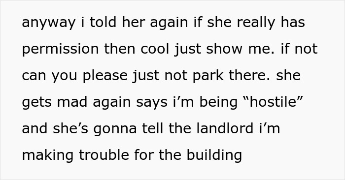 Text message discussing an entitled lady parking in a friendly neighbor’s spot and spreading rumors when asked to move. Text message discussing an entitled lady parking in a friendly neighbor’s spot and spreading rumors when asked to move.