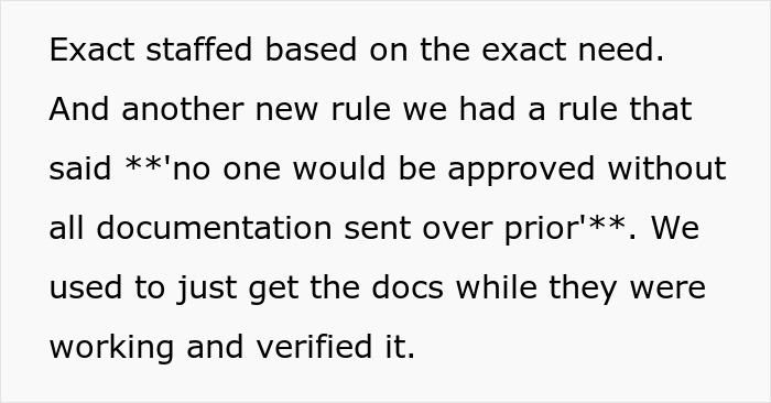 Text excerpt highlighting new policy impacts at medical facility, showing challenges faced by workers following updated documentation rules.