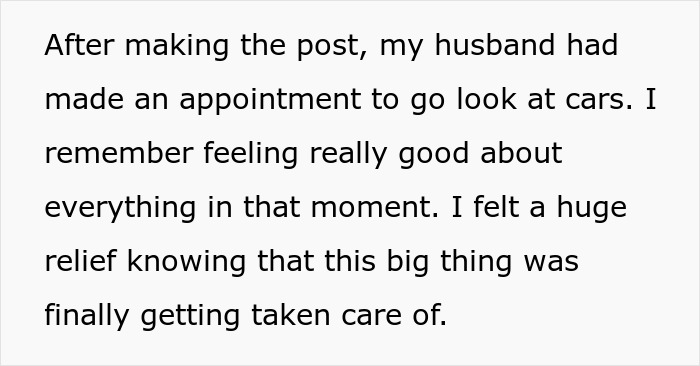 Text about husband making appointment to look at cars, linked to woman selling everything for cross-country move.