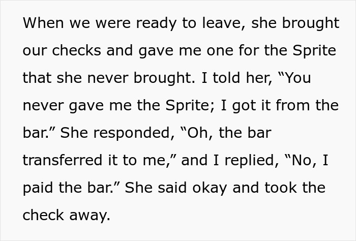 Text discussing a disagreement with a waitress over a Sprite charge on a $300+ tab at a restaurant. Text discussing a disagreement with a waitress over a Sprite charge on a $300+ tab at a restaurant.