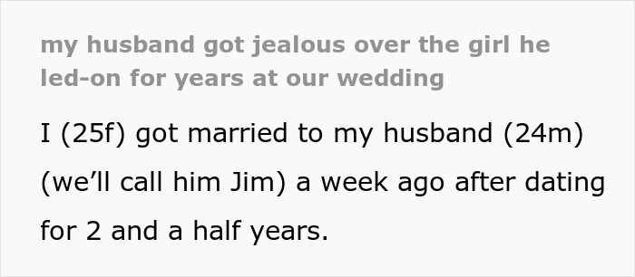 Text excerpt about a husband getting jealous over a girl he led on for years at their wedding.